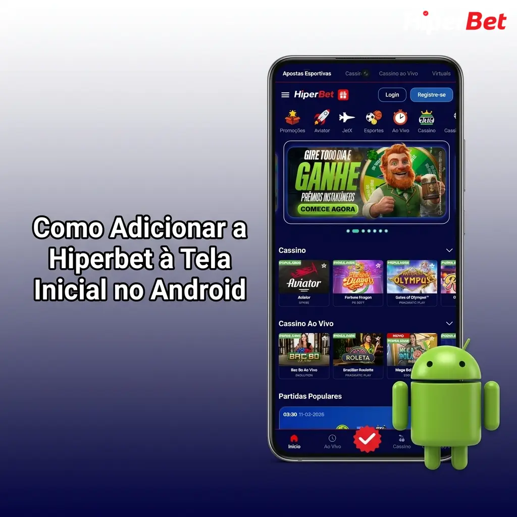 Passos para adicionar a Hiperbet à tela inicial do Android via navegador Chrome.