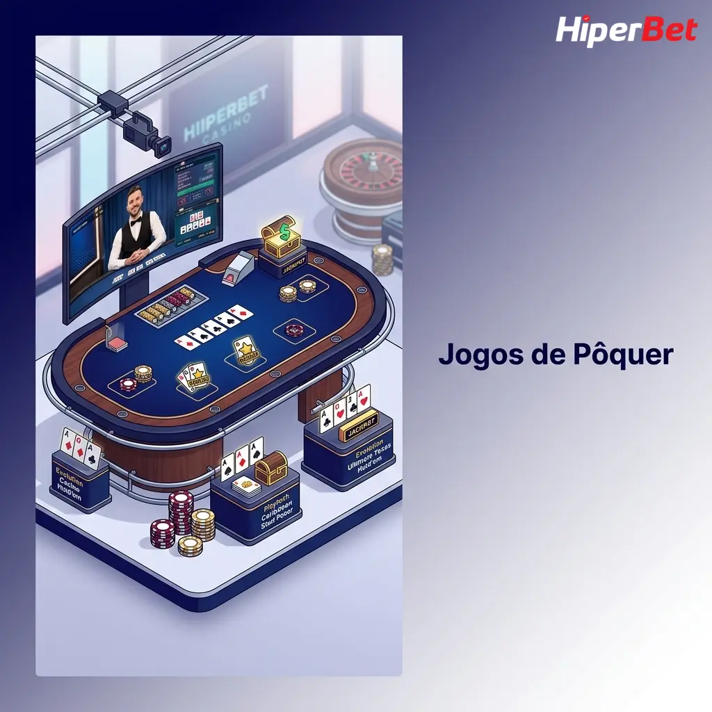 Mesa de pôquer ao vivo com dealer real e variantes como Texas Hold'em e Caribbean Stud na Hiperbet.