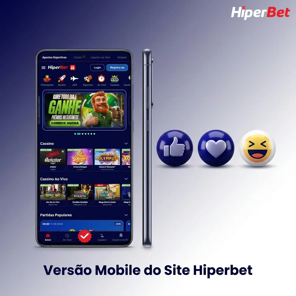 Interface mobile do site Hiperbet em smartphone, com layout responsivo para apostas esportivas e cassino via navegador.