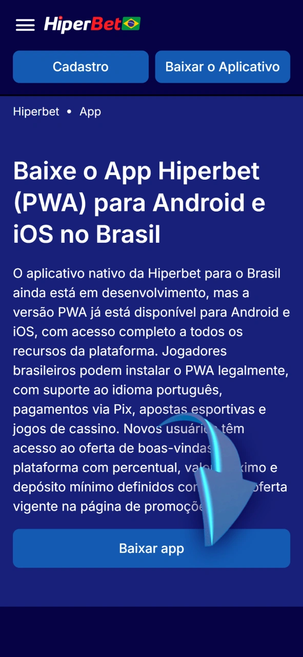 Acesse a página oficial de download do app Android da Hiperbet.