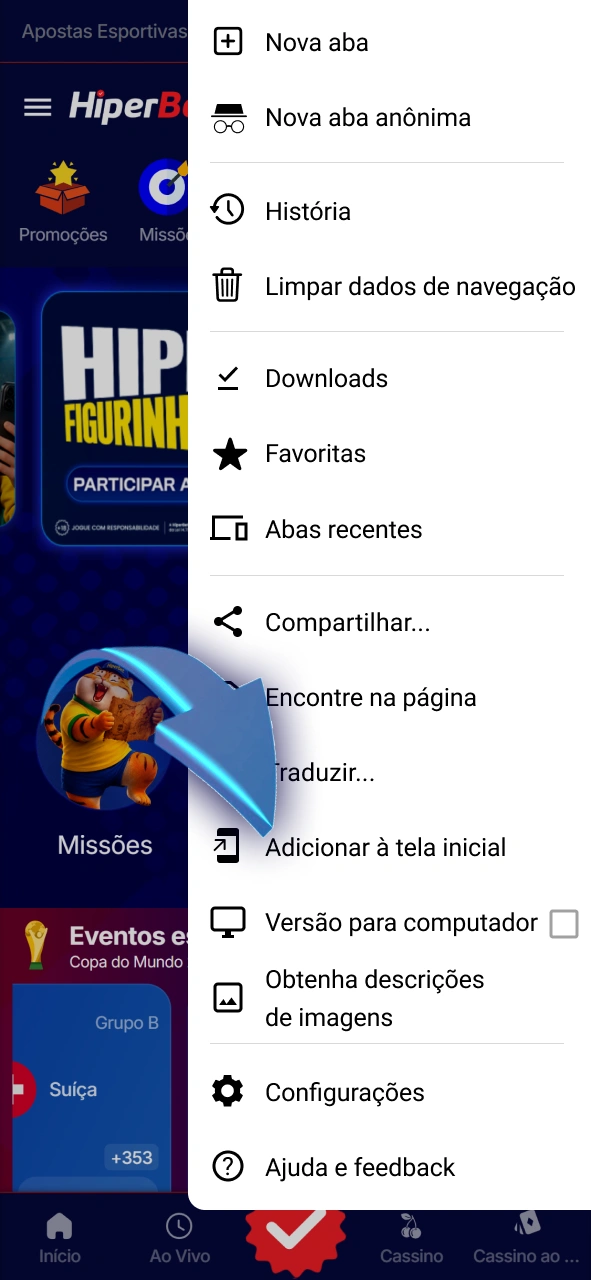 Adicione o atalho do app Hiperbet à tela inicial do Android.