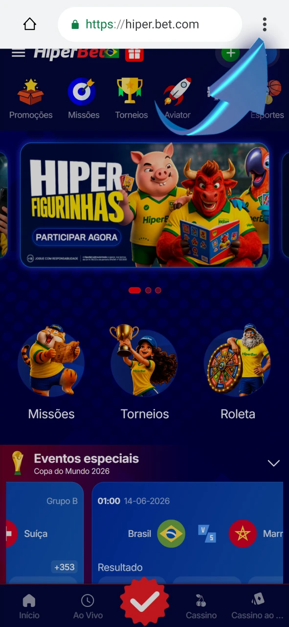 Abra o menu do navegador Android para instalar o app Hiperbet.
