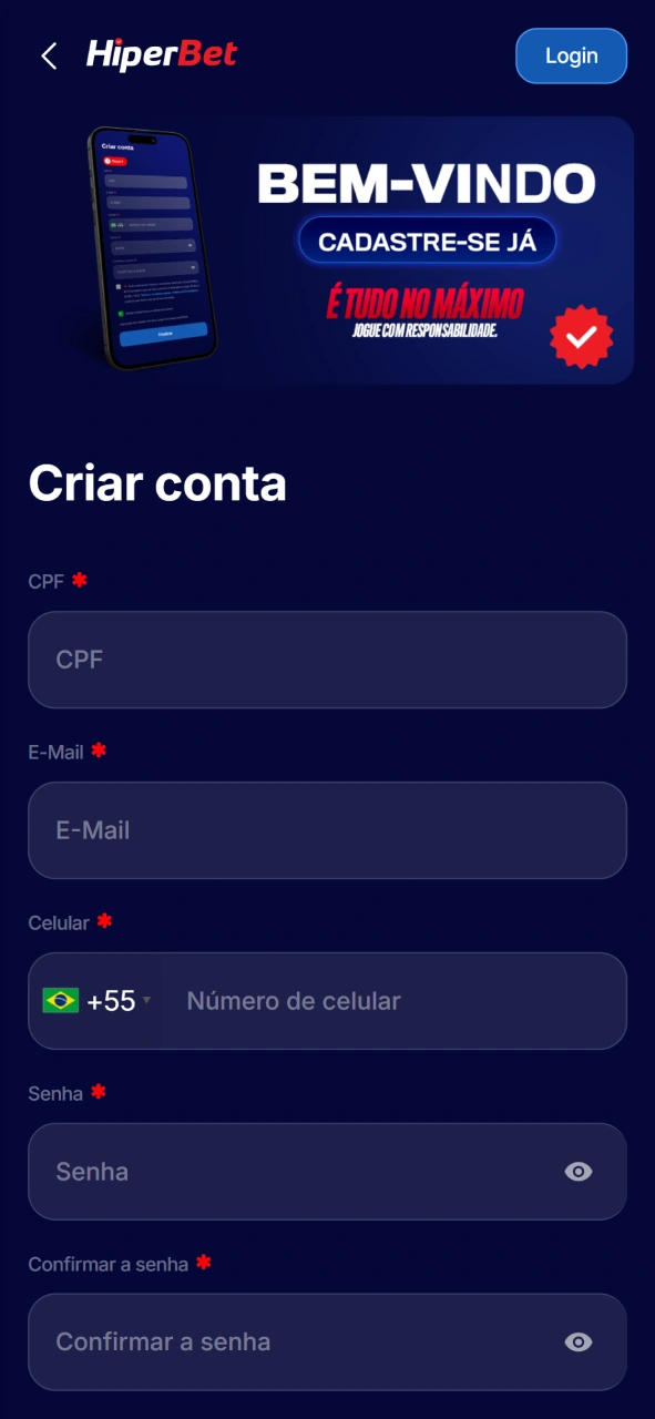 Captura de tela do formulário de registro através do app Hiperbet.