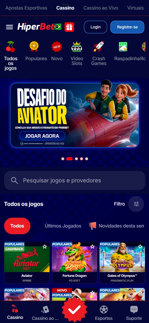 Captura de tela do catálogo de jogos de cassino no app Hiperbet.