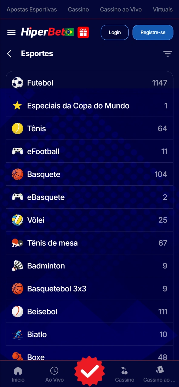 Captura de tela da seção de apostas esportivas no app Hiperbet.