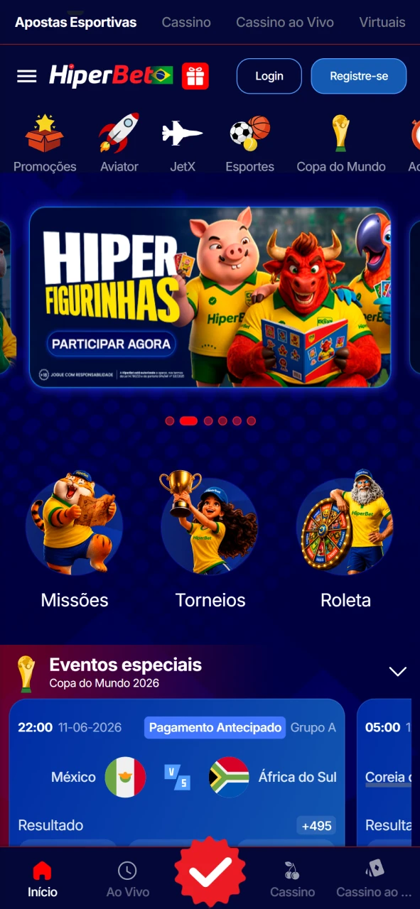 Captura de tela da página inicial do aplicativo móvel da Hiperbet.