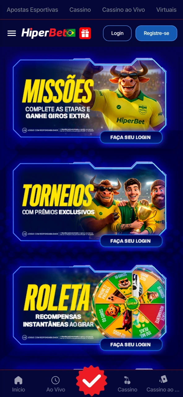 Captura de tela do menu de promoções no aplicativo da Hiperbet.