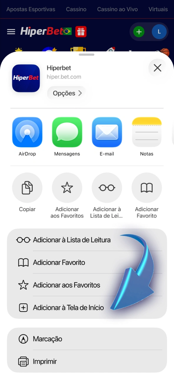 Toque em adicionar à tela de início para instalar o app Hiperbet no iOS.