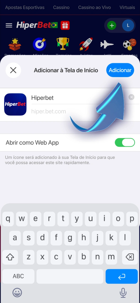 Confirme a criação do atalho do app Hiperbet no seu iOS.
