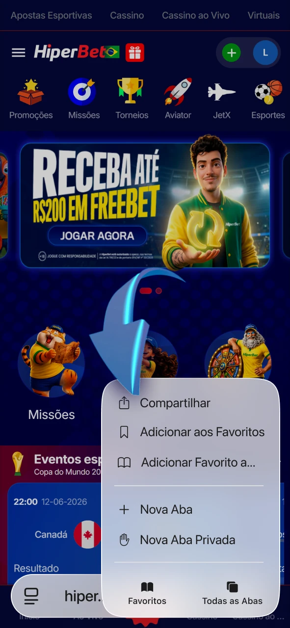 Abra o menu de compartilhamento do iOS para salvar o app Hiperbet.
