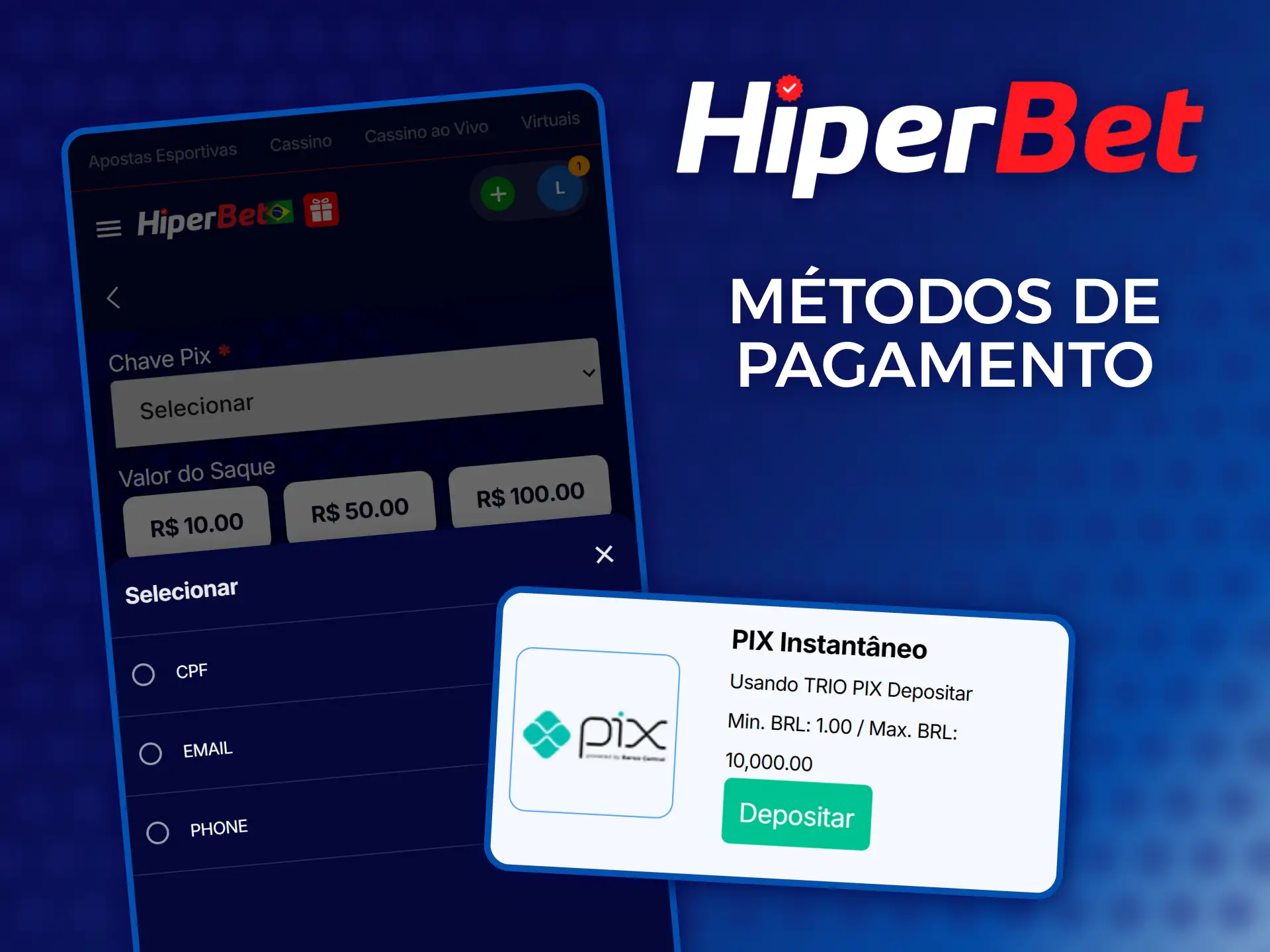 Captura de tela das opções de depósito no aplicativo da Hiperbet.