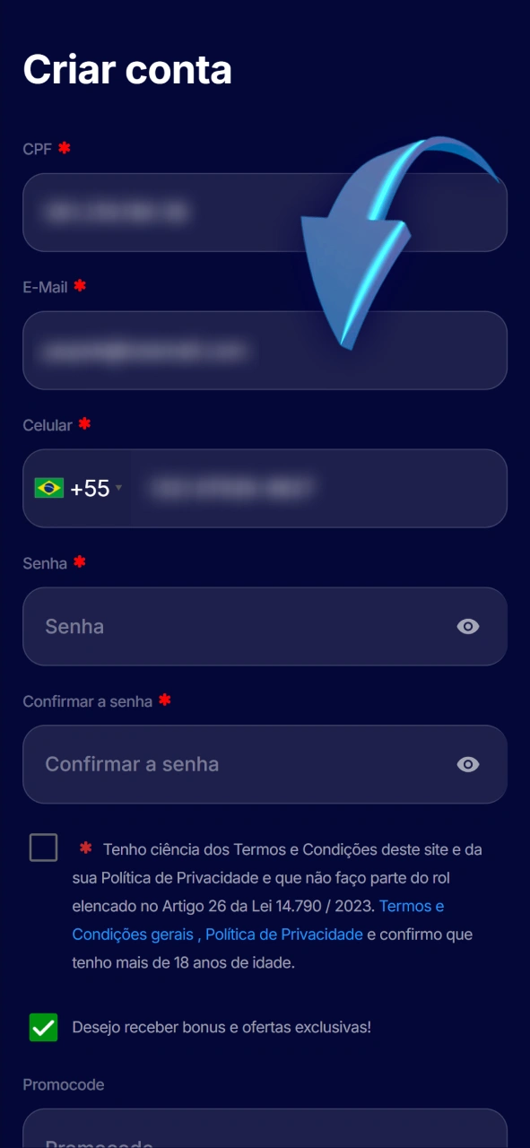 Preencha o formulário com seus dados pessoais na Hiperbet.