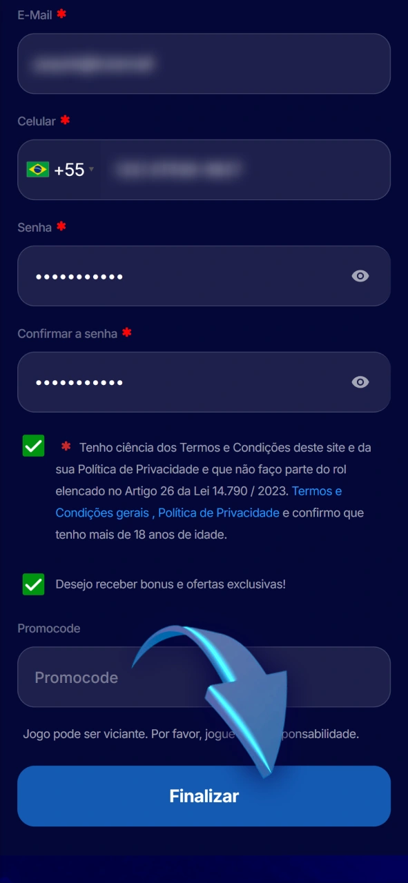 Complete seus dados cadastrais para jogar no cassino ao vivo Hiperbet.