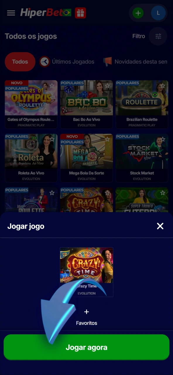 Escolha a sua mesa favorita no catálogo de cassino ao vivo Hiperbet.