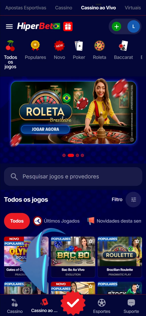 Navegue pelas seções de roleta, blackjack e shows do cassino ao vivo Hiperbet.