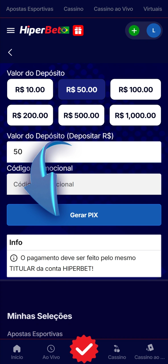 Faça um depósito para liberar seu saldo nos slots da Hiperbet.