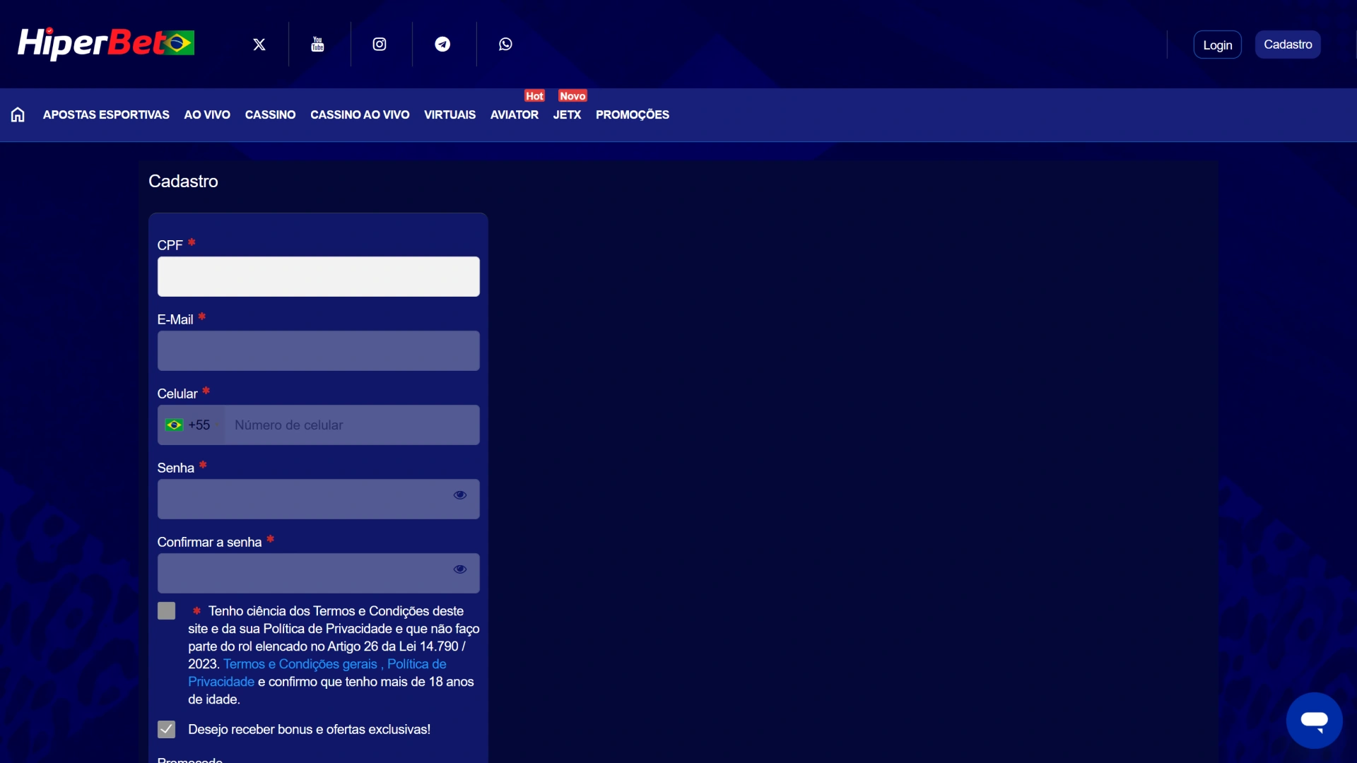 Captura de tela do botão de cadastro no topo do site da Hiperbet.