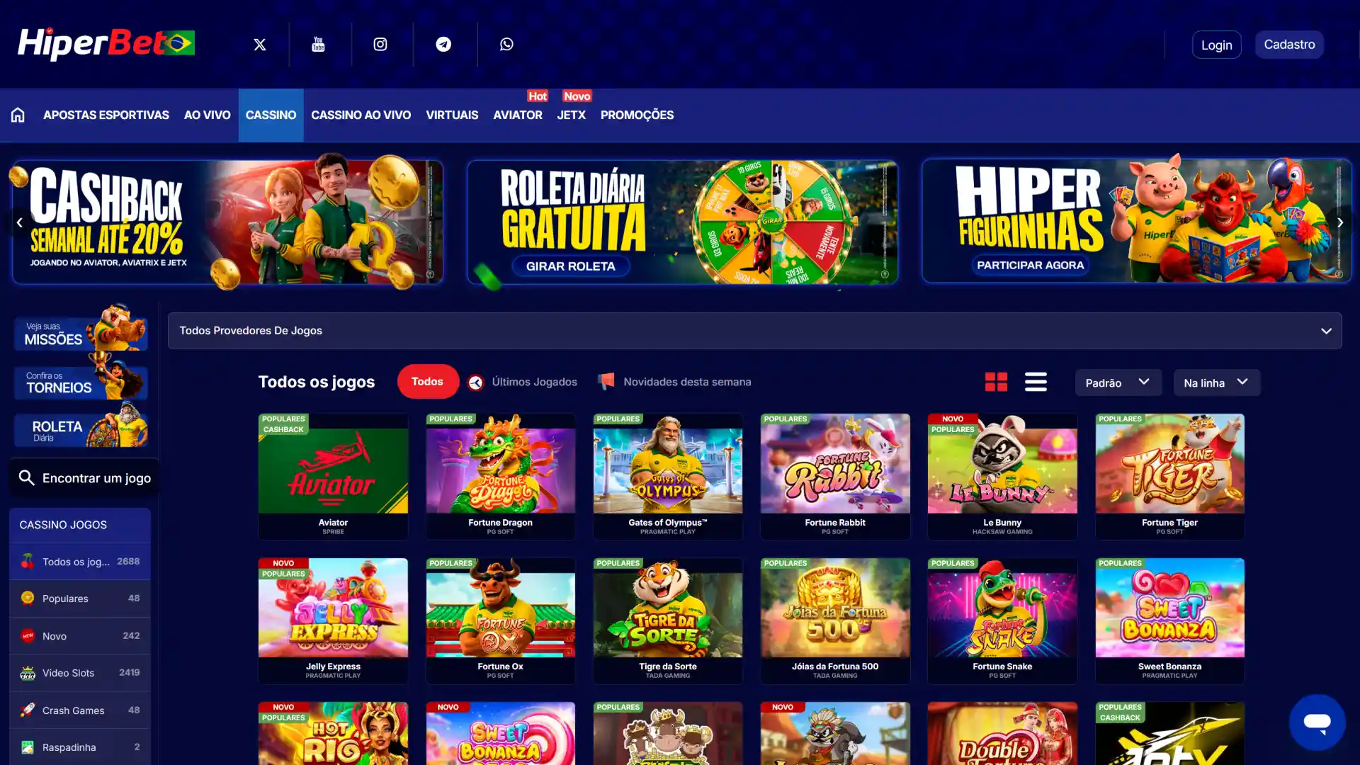 Captura de tela do lobby de slots e jogos virtuais da Hiperbet.