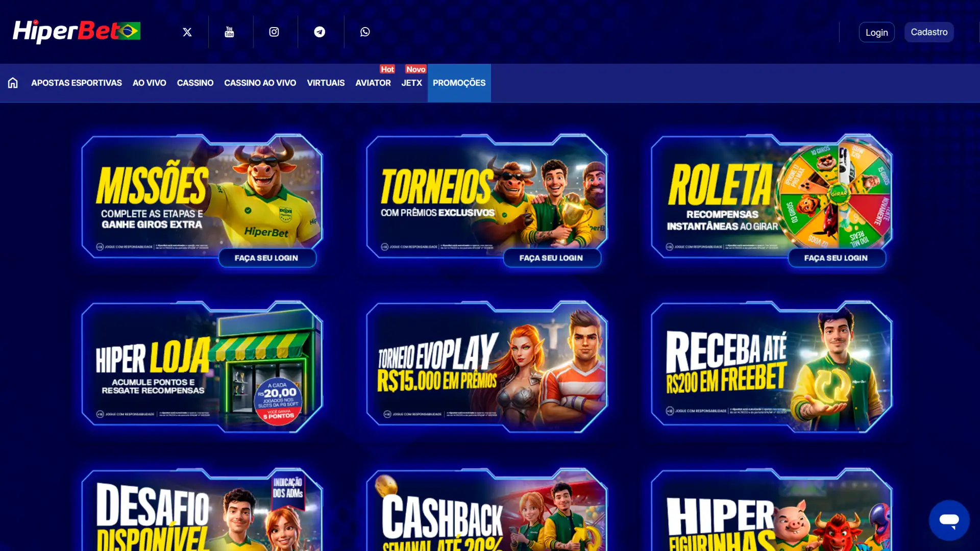 Captura de tela das ofertas ativas no site oficial da Hiperbet.