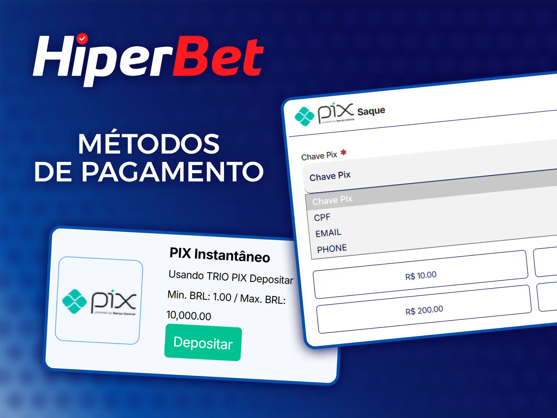 Confira os métodos de pagamento aceitos na tela inicial da Hiperbet.