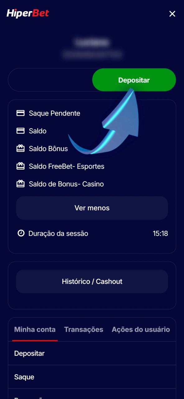 Acesse a área de depósitos no menu financeiro da Hiperbet.