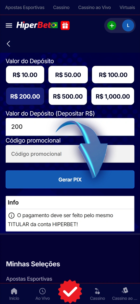 Confirme a sua transação de depósito na plataforma Hiperbet.