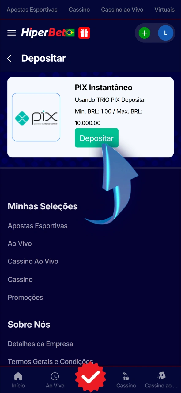 Selecione o seu método de pagamento preferido na Hiperbet.