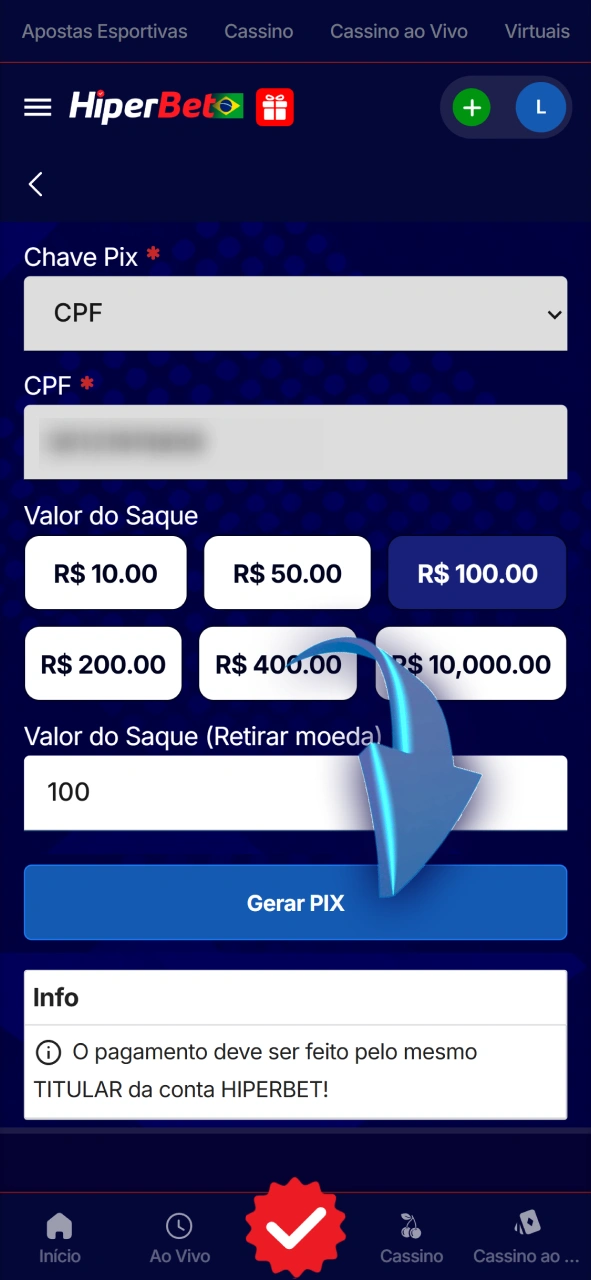 Confirme o pedido de retirada para processar seus ganhos na Hiperbet.