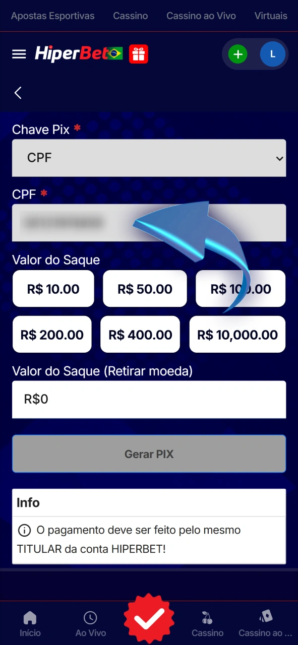 Informe os seus dados bancários para concluir o saque na Hiperbet.